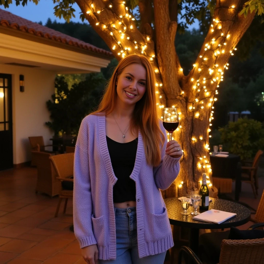 A full body shot photo of a woman standing outdoors at a cozy, warmly lit patio in the evening, with soft, glowing lights wrapped around a tree behind them creating a charming atmosphere. The image is rich in detail, with warm tones and clear textures throughout. The woman has fair skin, a slim build, and long reddish-blonde hair, also worn loose. She is smiling warmly at the camera, holding a glass of red wine in her right hand, and wears a soft-textured lavender cardigan over a black top. The background features a large tree with sparkling string lights wrapped around its trunk and branches, adding a magical touch to the scene. The setting suggests a private outdoor seating area, with elements like terracotta-tiled roofing, greenery, and rattan chairs contributing to a serene, inviting vibe. The overall composition is balanced, with the woman framed against the softly glowing tree, and the lighting enhances the warm, intimate feel of a quiet evening shared among friends. The details are vivid, with textures of clothing, skin, and background elements clearly visible, while the warm lighting creates a relaxed and joyful mood