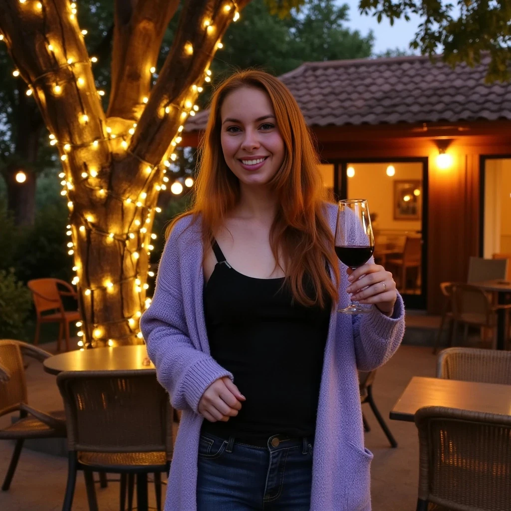 A full body shot photo of a woman standing outdoors at a cozy, warmly lit patio in the evening, with soft, glowing lights wrapped around a tree behind them creating a charming atmosphere. The image is rich in detail, with warm tones and clear textures throughout. The woman has fair skin, a slim build, and long reddish-blonde hair, also worn loose. She is smiling warmly at the camera, holding a glass of red wine in her right hand, and wears a soft-textured lavender cardigan over a black top. The background features a large tree with sparkling string lights wrapped around its trunk and branches, adding a magical touch to the scene. The setting suggests a private outdoor seating area, with elements like terracotta-tiled roofing, greenery, and rattan chairs contributing to a serene, inviting vibe. The overall composition is balanced, with the woman framed against the softly glowing tree, and the lighting enhances the warm, intimate feel of a quiet evening shared among friends. The details are vivid, with textures of clothing, skin, and background elements clearly visible, while the warm lighting creates a relaxed and joyful mood