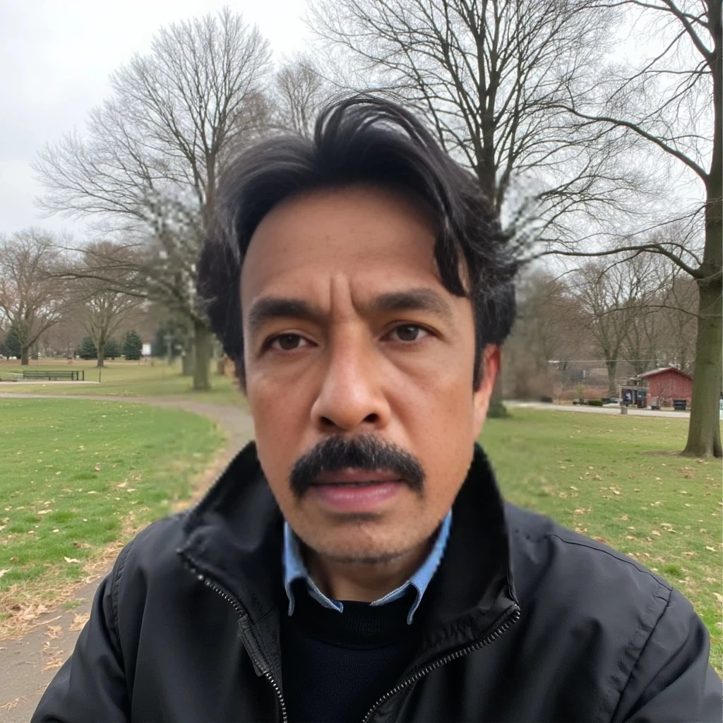 boring low quality snapchat photo circa 2015, old man, black hair, in the park