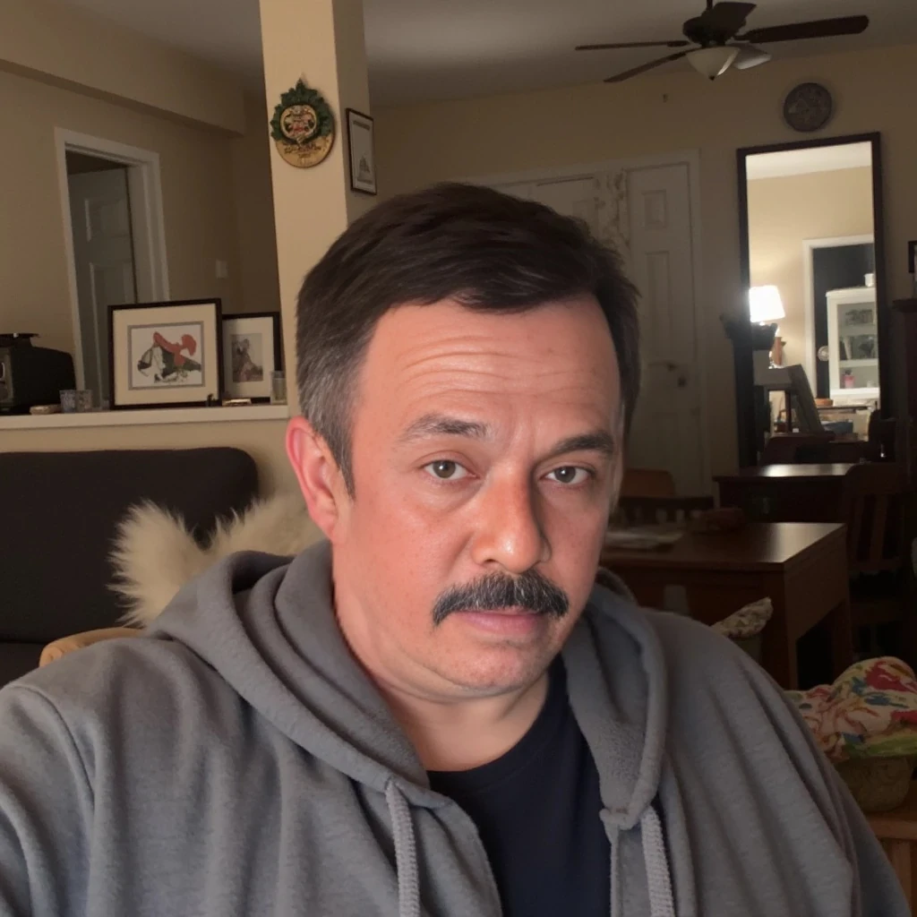 boring low quality snapchat photo circa 2015, old man, black hair, in the living room with cloth