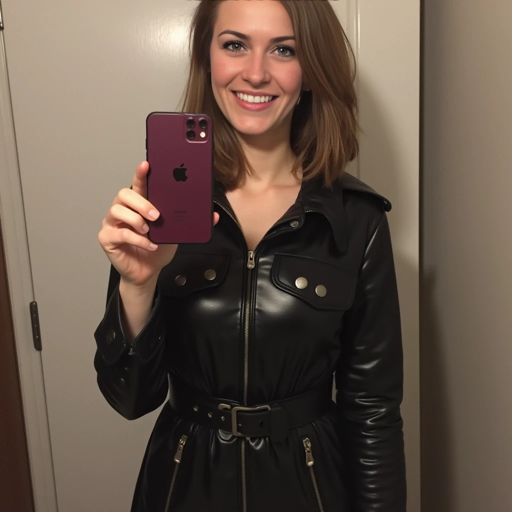 boring low quality snapchat photo circa 2015, skinny woman, hard light brown hair, showing pussy and tits. Wear black latex Trenchcoat 