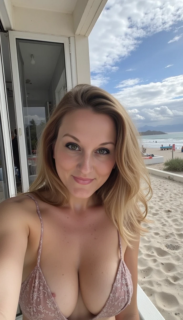 Photo of woman CSTMDL outside at beach house as sex toy