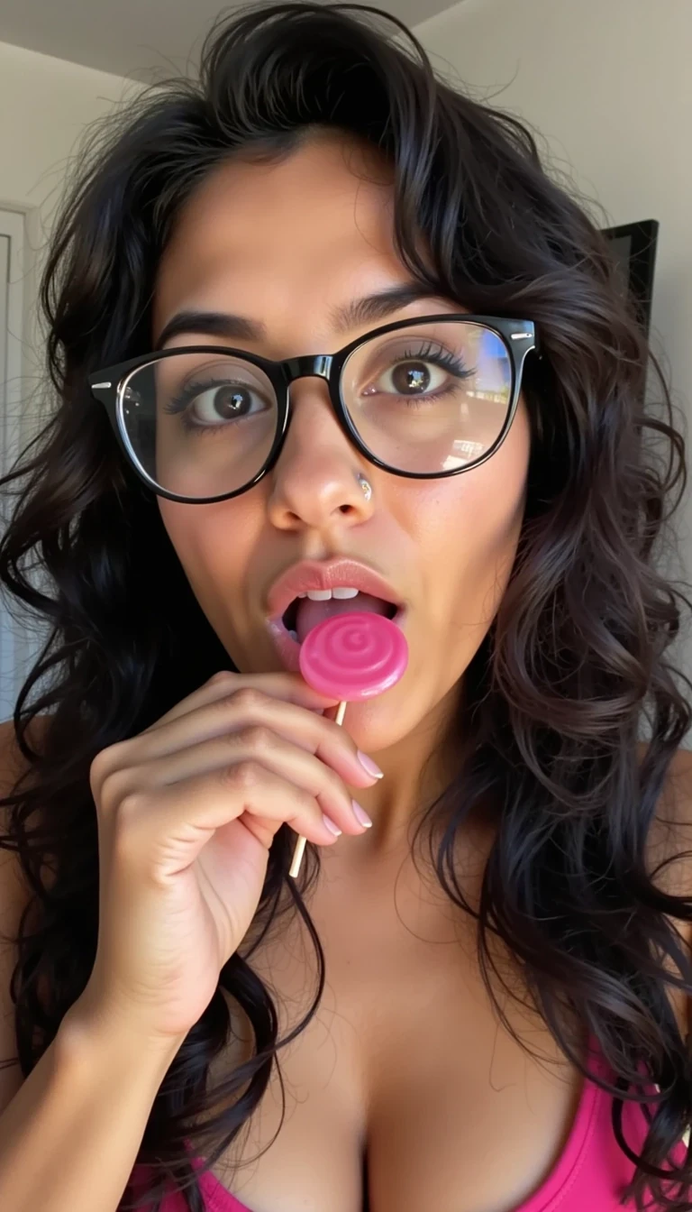 Ultra-detailed photo of Mila Cruz — CSTMDL looking sexy licking a pink lolipop with a sexy face wearing glasses the camera is far away