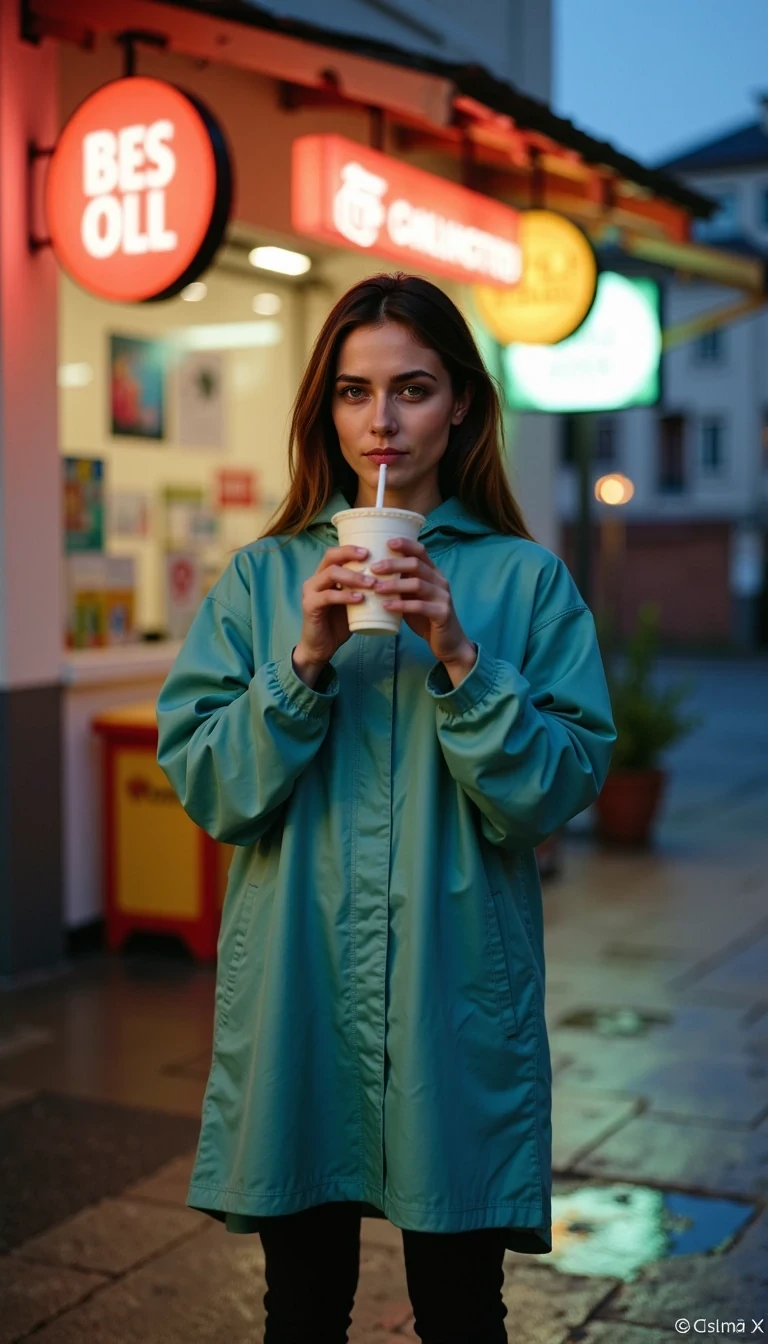 boring low quality snapchat photo circa 2015,  CSTMDL, 
Sage-green waterproof poncho, form-fitting, she cups a glowing boba drink in both hands, standing near LED shop signs reflecting on slick ground, cinematic pastel tones, camera stationary