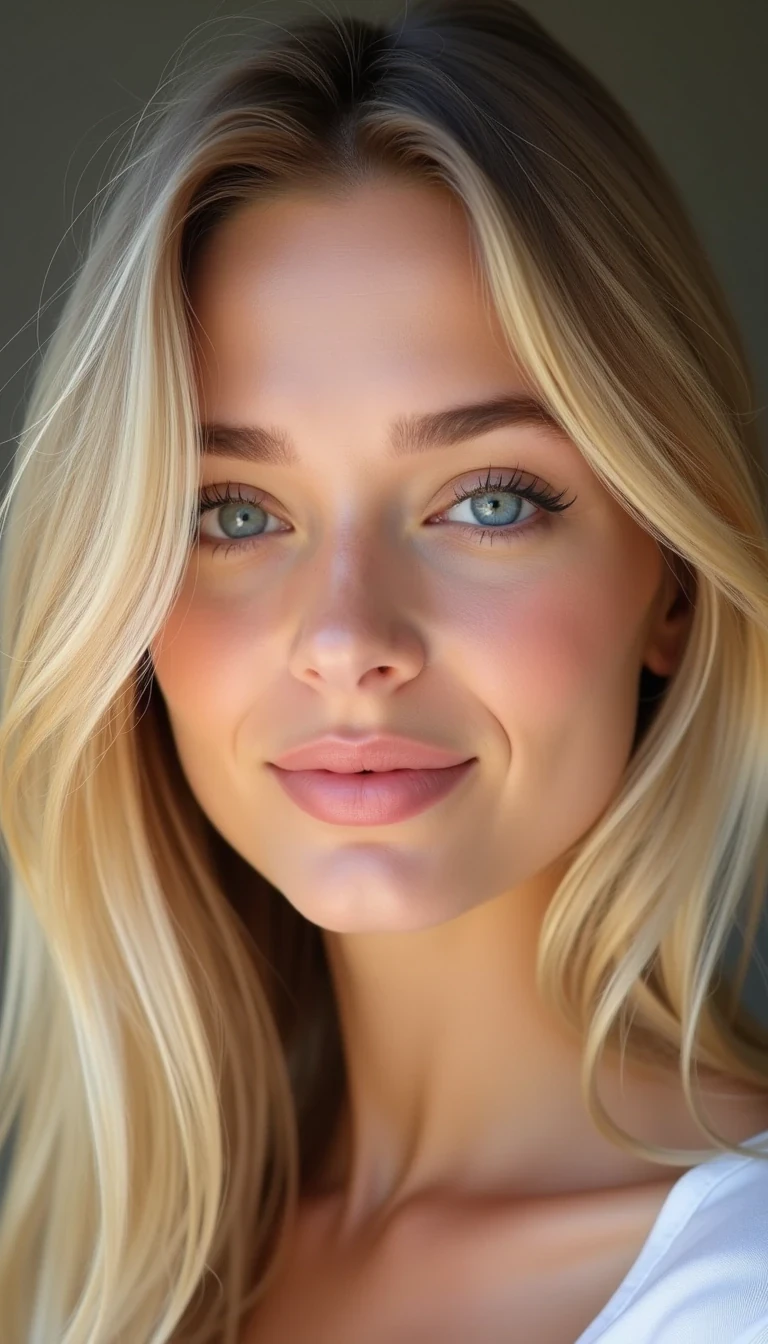 A realistic portrait of a blonde woman with soft, natural features, blue eyes, and a gentle expression. Her skin is smooth and glowing, with minimal makeup to emphasize a fresh, authentic look. Her eyes are a striking natural blue, clear and captivating, drawing attention with their subtle sparkle. Her blonde hair falls naturally around her face, slightly tousled, giving a relaxed, effortless appearance. The background is softly blurred to keep the focus on her face, enhancing the realism and detail of her skin texture and eye color.