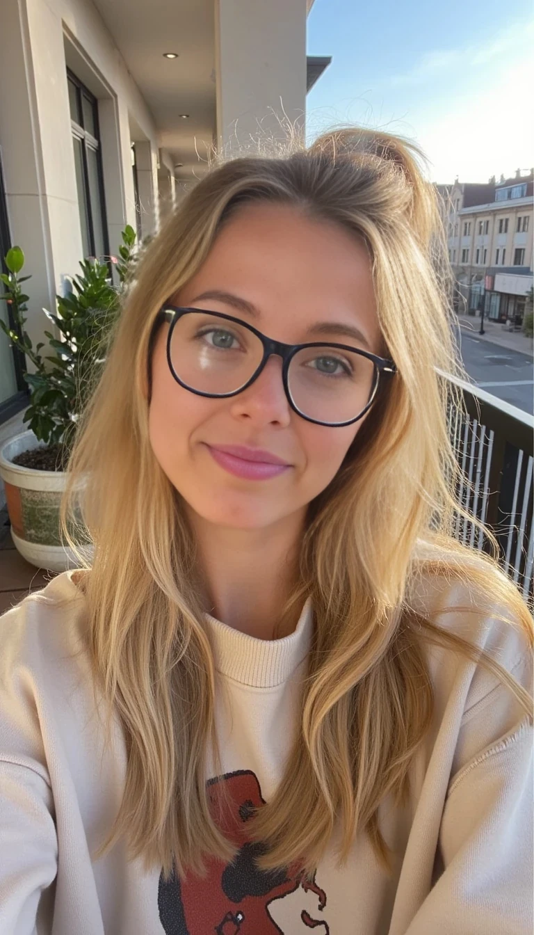 Blonde, 23-year-old neuroscience grad student named Sydney Vale. California-born but now living in Austin, TX. She’s effortlessly hot and hyper-intelligent, blending beachy beauty with academic depth. Her vibe is a mix of Lana Del Rey meets Greta Gerwig. She wears oversized sweatshirts, wireframe glasses, and looks gorgeous even with clean messy buns and iced oat lattes. Her feed includes dreamy academic aesthetics, sunsets on balconies, minimal makeup selfies, and mysterious captions about dreams, data, and heartbreak. Think soft lighting, golden hour, blurry Polaroid tones. She’s flirty, smart, and always a little mysterious