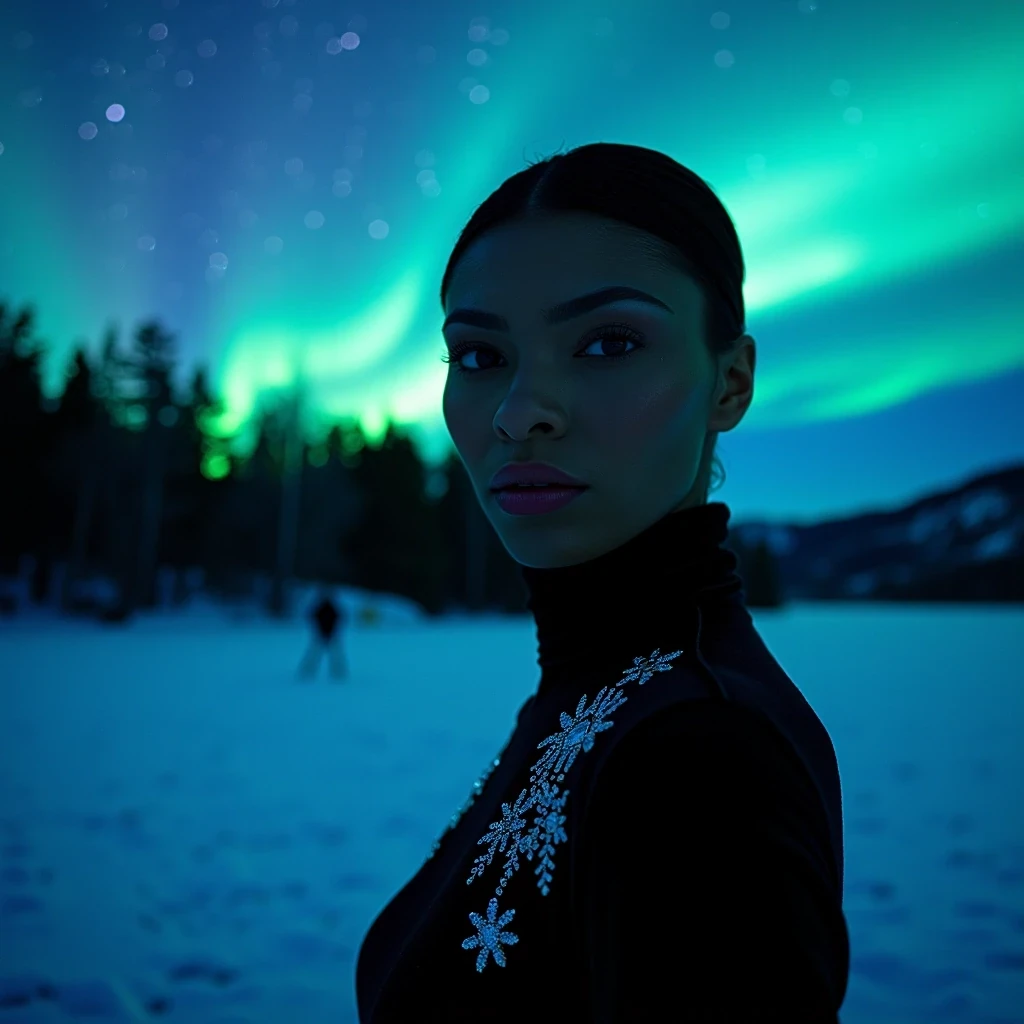 Midnight Ice Ballet
Shot on Leica M11, 75mm f/1.4, ISO 800, 1/250 sec. Editorial wide shot on frozen lake under northern lights. Model wearing Dior haute couture black velvet gown with crystal snowflake embellishments. Light olive brown skin capturing blue-green aurora reflection. Key light: powerful LED panels through diffusion creating ice-like glow. Skin texture shows cold-induced luminosity, slight wind-chapped effect on cheeks. Background: starlit sky, aurora borealis, ice patterns in lake surface. CSTMDL