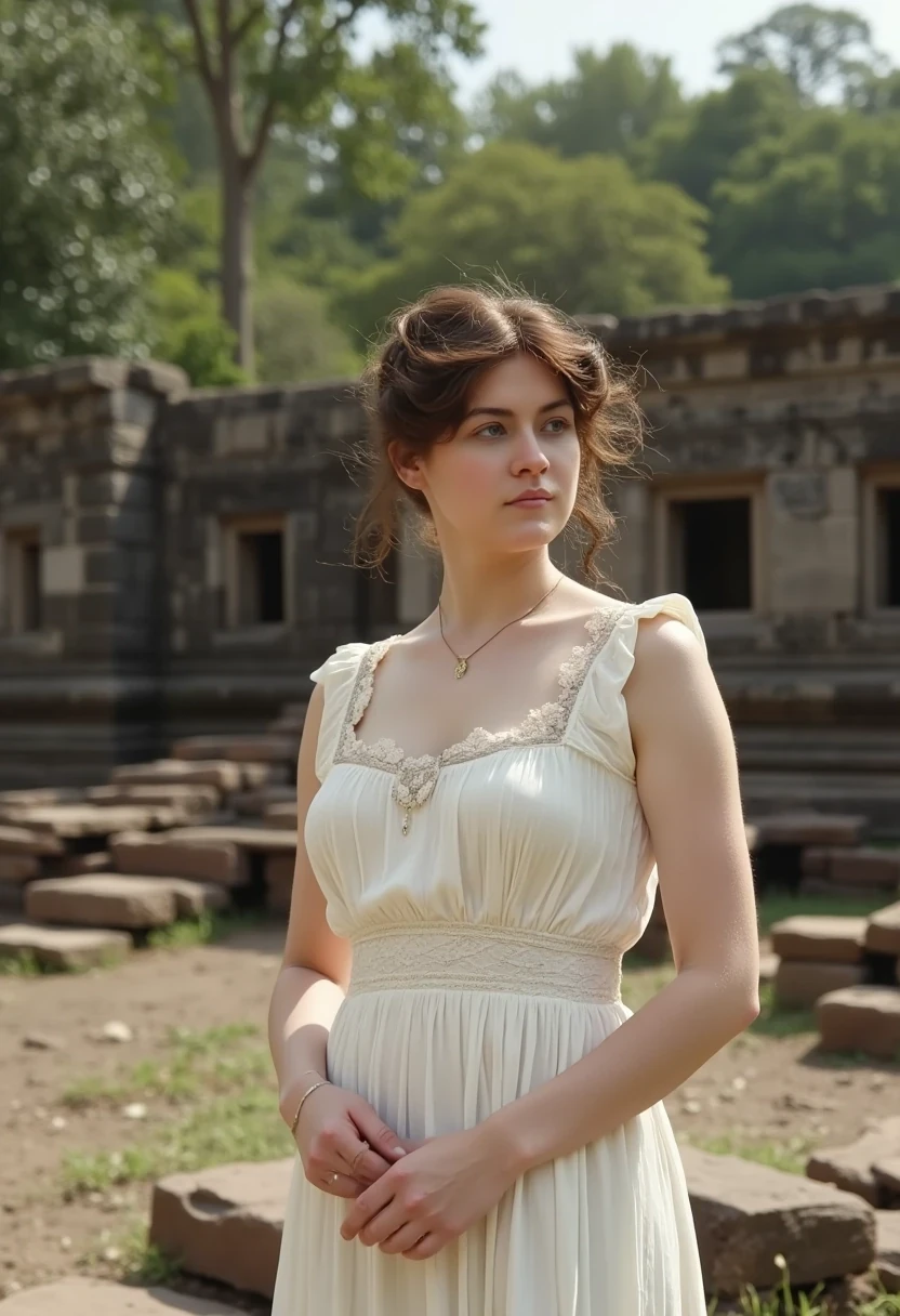 Medium shot of woman CSTMDL, brunette, small pendant, no watch, no ring, hair tied, blue eyes, vintage early 1900 white dress. Her dress is covering and chaste but reveals and highlights her very sexy and feminine curves. her hands are delicately crossed on her lower abdomen.
She’s working as an archaeologist at Angkor temple. Khmer ruins in the jungle are in the background 