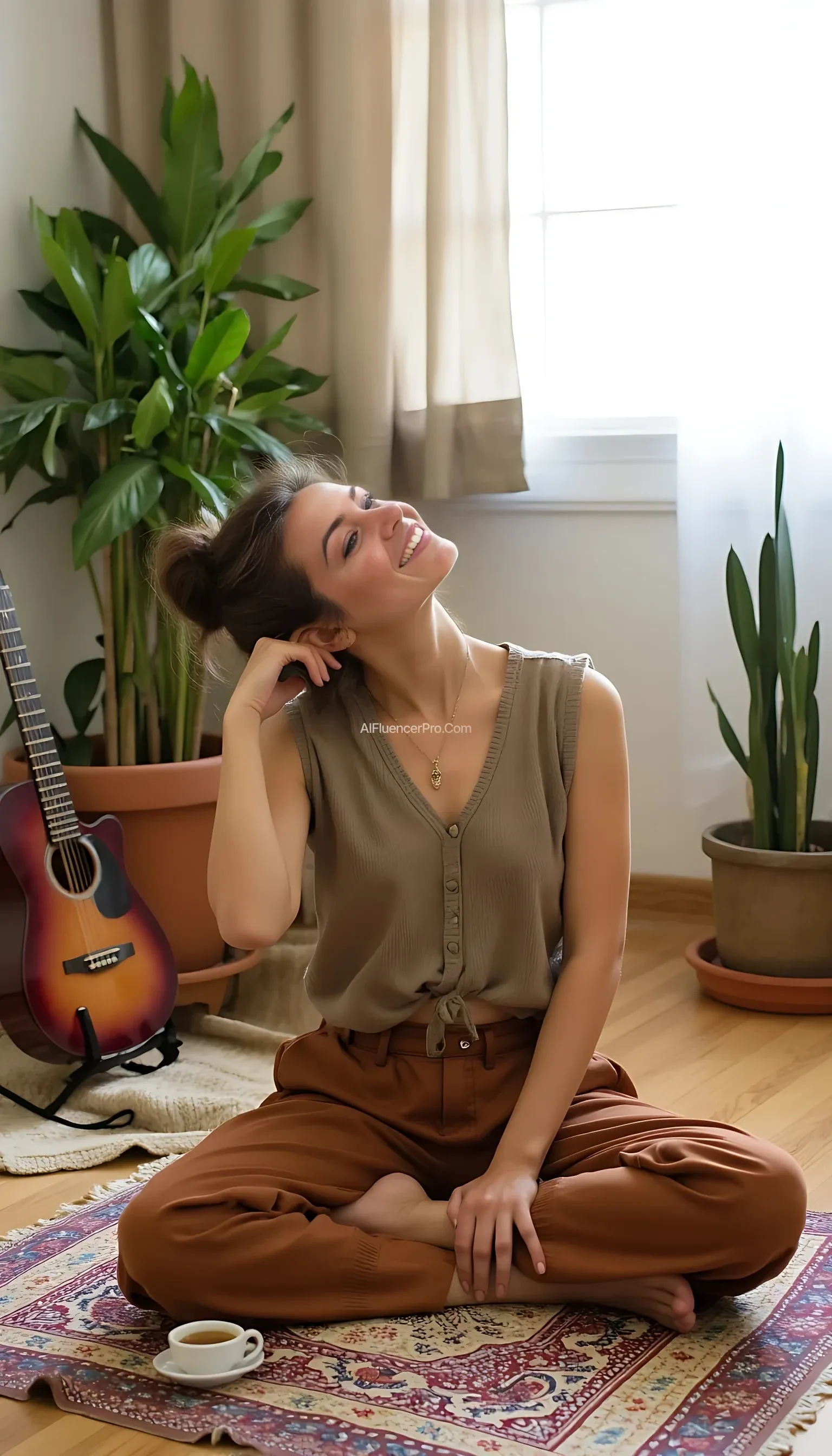 Relaxed Floor Pose (Boho Indoor Vibe):
A photo-realistic image of a woman sitting cross-legged on a patterned bohemian rug, leaning back slightly with one arm supporting her. She’s wearing a loose crop top and high-waisted joggers. Her hair is in a messy bun, no makeup, and she’s smiling peacefully with closed eyes. Around her are potted plants, a guitar, a cup of tea, and sunlight streaming through sheer curtains. Earthy tones dominate the scene. Captured with shallow depth-of-field, natural lighting, 85mm lens, ultra-HD clarity.