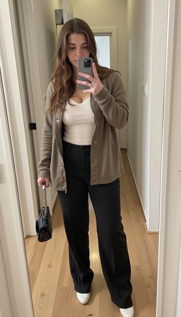 boring low quality snapchat photo circa 2015, cute woman, soft light brown hair, full outfit