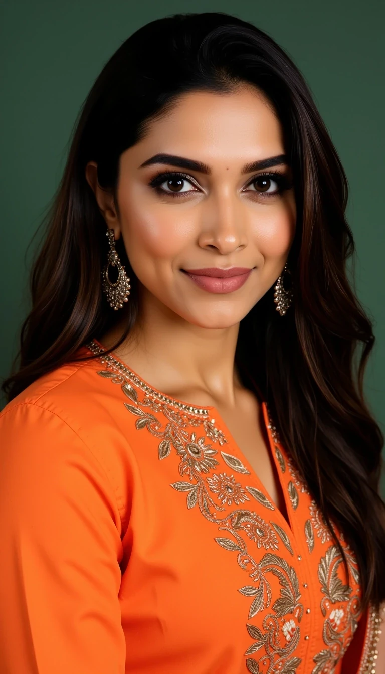 medium shot of CSTMDL, 20 years old indian girl, she has dark brown hair and dark brown eyes

Sharp focus on facial features, High dynamic range, 85mm lens look

stunning Indian woman with an oval face, high cheekbones, elongated features, and a graceful jawline. Deep almond-shaped dark brown eyes, full lips with a soft nude tone, radiant golden-brown skin, and long flowing dark hair. 

Soft dewy foundation with warm undertones, subtle contouring, peach-toned blush on the cheeks, and a golden highlighter on the high points of the face. Bold black eyeliner with a slight wing, kohl applied to the lower lash line, and long thick curled lashes. Neutral warm-brown eyeshadow blended softly across the lids. Well-defined thick eyebrows with a natural arch. Lips painted in a deep rose-matte shade, slightly overlined for fullness. 

A portrait of a woman with an elegant and serene expression. She wears a traditional ethnic ensemble, comprising a richly embroidered orange kurta embellished with intricate patterns, complemented by a matching dupatta draped gracefully over her shoulder. The attire is adorned with delicate silver jewelry, including large statement earrings and an ornate maang tikka on her forehead. The background features a smooth, muted green hue that enhances the vibrancy of her outfit. Lighting is soft yet focused, accentuating her facial features while creating a warm, inviting atmosphere. The composition emphasizes her face and upper body, aligning her slightly to the left of center for a balanced look. The overall styling captures cultural heritage, elegance, and poise, styled in a contemporary manner. Take note of the texture of the fabric and the shimmering quality of the jewelry to highlight luxurious details in the image. This portrait conveys grace and beauty, ideal for showcasing traditional attire in a modern context.

Bright indoor lighting, vibrant colors, Bollywood drama vibe. 

ultra-realistic portrait of a young woman, perfect smooth skin, no wrinkles, no blemishes, soft natural glow, even skin tone, high detail, cinematic lighting, beauty photography, 8k resolution young woman with flawless, smooth, wrinkle-free skin, perfectly even complexion, soft natural glow, poreless texture, s makeup on neck and body