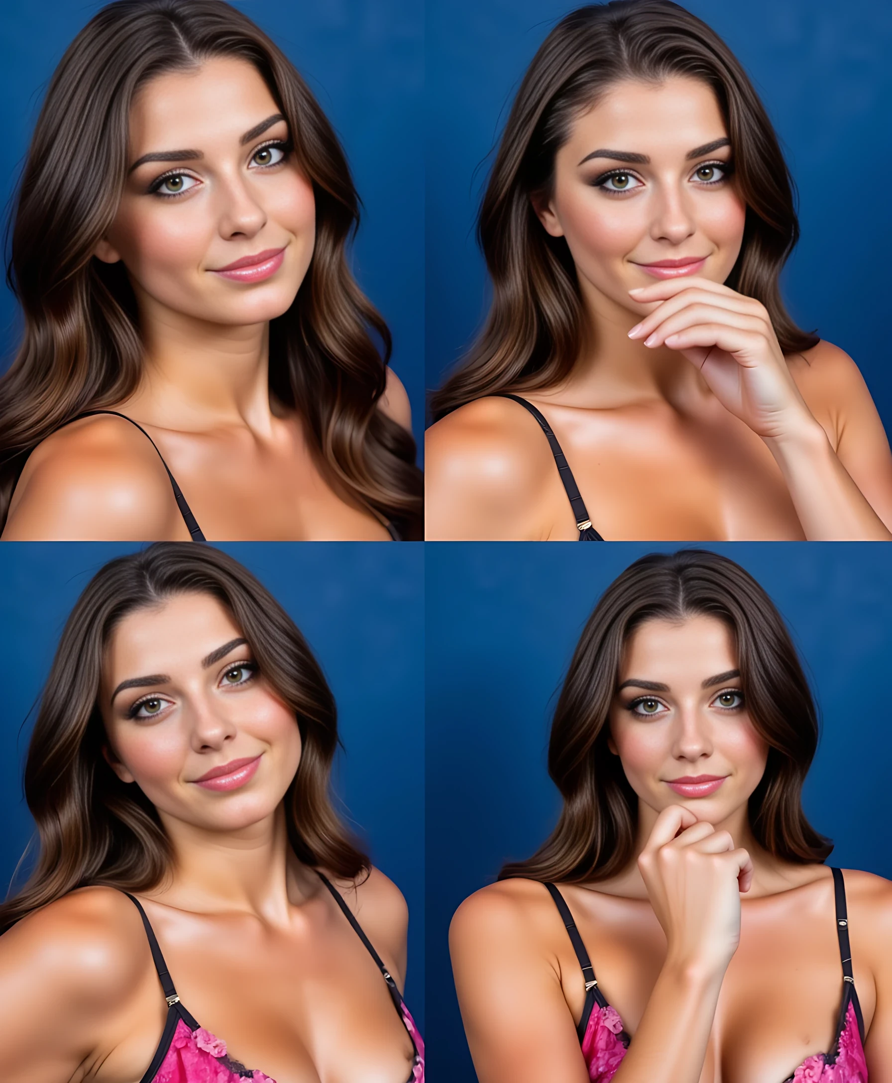 The image is a collage of four photographs of a young woman with long, straight, dark brown hair. She has a light to medium skin tone with a slight tan. Her facial features are sharp and symmetrical, with full lips, high cheekbones, and dark, well-defined eyebrows. She has large, expressive eyes with a hint of makeup, including eyeliner and mascara. The woman is wearing a pink, floral-patterned bra with thin straps, which accentuates her ample cleavage. In each photograph, she is posed against a solid, deep blue background.

In the top left photograph, she is looking slightly to the side with a subtle, knowing smile. Her right hand is near her lips, fingers gently touching her lips, while her left hand is resting at her side.

In the top right photograph, she is looking directly at the camera with a more serious expression. Her right hand is near her mouth, with her fingers slightly parted.

In the bottom left photograph, she is again looking slightly to the side, this time with a playful expression. Her right hand is near her mouth, fingers touching her lips, while her left hand is resting at her side.

In the bottom right photograph, she is looking directly at the camera with a confident, slightly seductive expression.