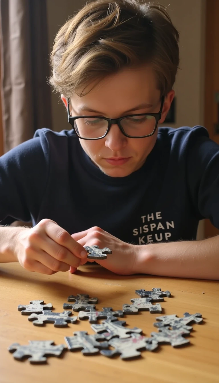
Samuel is putting a puzzle together but all the pieces are onfire

Hes wearing glasses and looks calm and focused. 
