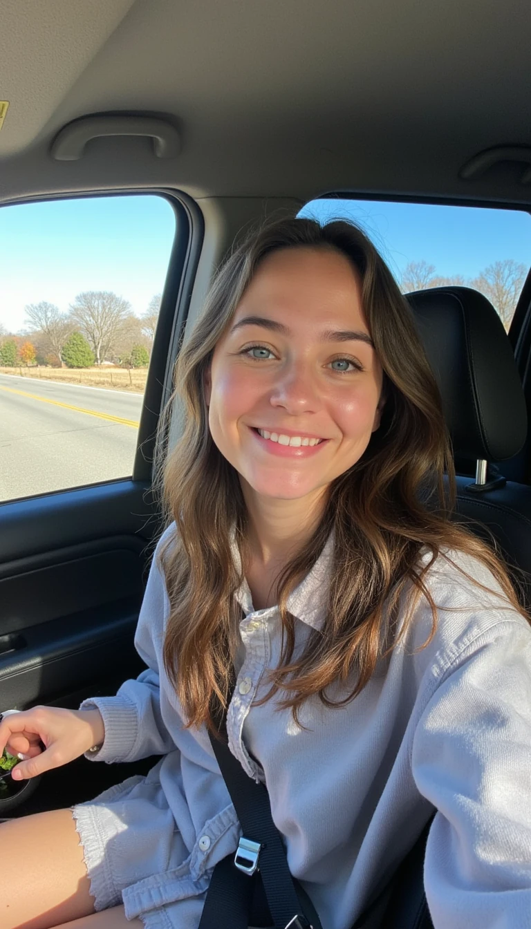 boring low quality snapchat photo circa 2015, A young woman with a warm smile, sitting in the driver's seat of a cozy car. She has soft, wavy brown hair cascading past her shoulders. The sunlight streams through the window, casting a gentle glow on her face. The interior of the car is neat and comfortable, with a coffee cup in the cup holder and a small plant on the dashboard. The background outside the window shows a scenic road lined with trees and blue skies
