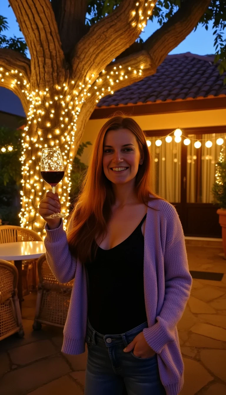 A full body shot photo of a woman standing outdoors at a cozy, warmly lit patio in the evening, with soft, glowing lights wrapped around a tree behind them creating a charming atmosphere. The image is rich in detail, with warm tones and clear textures throughout. The woman has fair skin, a slim build, and long reddish-blonde hair, also worn loose. She is smiling warmly at the camera, holding a glass of red wine in her right hand, and wears a soft-textured lavender cardigan over a black top. The background features a large tree with sparkling string lights wrapped around its trunk and branches, adding a magical touch to the scene. The setting suggests a private outdoor seating area, with elements like terracotta-tiled roofing, greenery, and rattan chairs contributing to a serene, inviting vibe. The overall composition is balanced, with the woman framed against the softly glowing tree, and the lighting enhances the warm, intimate feel of a quiet evening shared among friends. The details are vivid, with textures of , skin, and background elements clearly visible, while the warm lighting creates a relaxed and joyful mood, the woman is nude