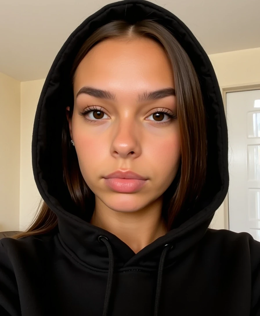 picture of a CSTMDL
Big tits. Large ass. No hip dips. Fit. Wide hips.
She is an 18-year-old girl with long, smooth, medium-dark brown hair (straight to slightly wavy), parted near the center. Her eyes are large, almond-shaped, and warm brown with full lashes and arched brows. She has an hourglass figure: height ~64 in, bust 36 in (28 in underbust), waist 24 in, hips 39 in. Bust is full and projected, waist narrow and flat, hips broad and rounded with lifted glutes. Thighs are full (~24 in), tapering to proportional calves. Arms are slim (~9 in upper arm), shoulders softly broad and balanced with hips. Neck medium, torso compact with a narrow ribcage, legs long relative to torso. Posture upright with mild anterior pelvic tilt. Skin is smooth, lightly tanned, and even-toned.
Scene/Background:
The photo is taken indoors in a softly lit space with neutral tones. Part of a light-colored wall and ceiling, along with subtle architectural details, can be seen faintly in the background, though the focus remains entirely on the subject.

Pose & Camera Angle:
The subject is facing directly into the camera in a close-up shot. Her hood is up, framing her face, with her expression calm and slightly serious. The camera angle is straight-on at eye level, making the image feel direct and personal.

Outfit & Accessories:
She is wearing a black hoodie, the hood drawn forward to frame her face. The hoodie fabric appears soft and structured, with visible stitching and drawstrings adding casual detail. No other accessories are immediately visible, keeping the look minimal and urban.

Lighting:
The lighting is soft and natural, creating a gentle glow on her skin. Highlights emphasize the smooth texture of her cheeks and the glossiness of her lips, while subtle shadows under the jawline and chin add depth to the portrait.

Mood/Vibe:
The mood is playful, bold, and fashion-forward. The close-up angle paired with expressive details—like the jewelry and facial expression—gives the shot an editorial quality, blending casual spontaneity with a polished, high-fashion aesthetic.