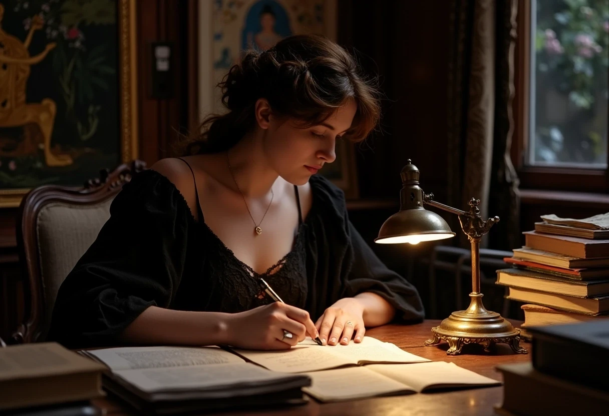 photo of woman CSTMDL, brunette, small pendant, no watch, no ring, hair tied, blue eyes, black night dress, working late night at her desk. The room is dark, the only light is a small art nouveau desk lamp.
She’s surrounded by a lot of old books and sheets of paper she worked on. She’s currently writing on a sheet with a beautiful vintage fountain pen.
She’s surrounded by her works in a beautiful art nouveau room with a Khmer piece of art in the background