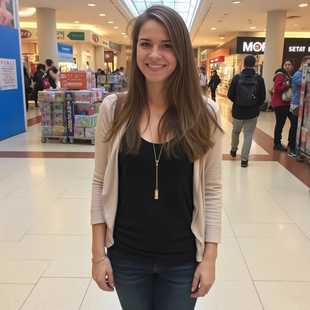 boring low quality snapchat photo circa 2015, average looking woman, full outfit, standing, soft light brown hair, mall background