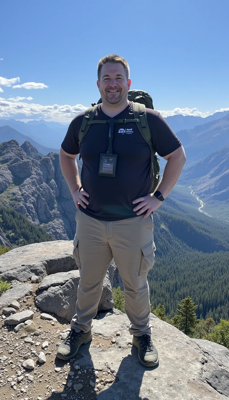 photo of a mid 40s man CSTMDL in hiking attire at the summit of a small mountain. he has a dad bod but is clearly in shape