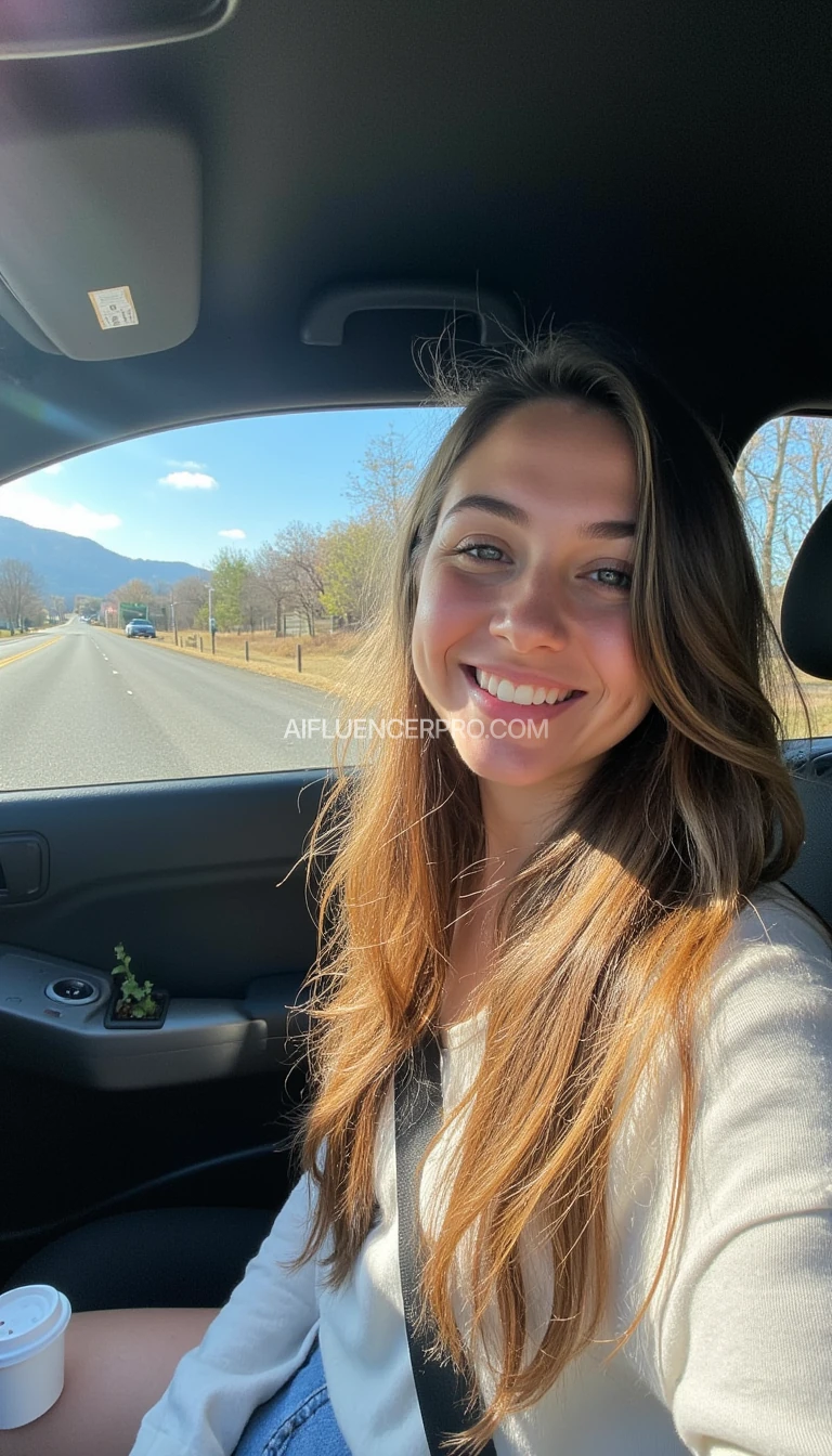 boring low quality snapchat photo circa 2015, A young woman with a warm smile, sitting in the driver's seat of a cozy car. She has soft, wavy brown hair cascading past her shoulders. The sunlight streams through the window, casting a gentle glow on her face. The interior of the car is neat and comfortable, with a coffee cup in the cup holder and a small plant on the dashboard. The background outside the window shows a scenic road lined with trees and blue skies