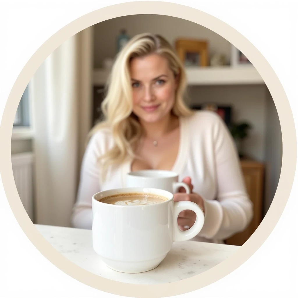 Minimalistic Instagram highlight icon in soft beige tones. In the center: a steaming coffee cup resting on a windowsill, drawn in elegant white or gold line-art style. Soft early morning light filters in, casting gentle shadows. In the blurred background, a blonde woman with voluminous curls (same model as @softobsessionalina) is seen in cozy loungewear, softly smiling while holding the cup. The scene radiates warmth, intimacy, and slow mornings. Transparent background, circular frame, feminine glow.