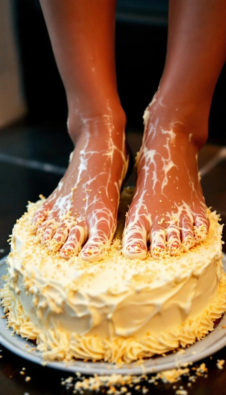 A boring low quality snapchat photo circa 2012, a closeup photo of a young woman's feet, dipped into a smashed vanilla cake with sprinkle frosting , the cake is between her toes and he feet have icing on them up to her ankles