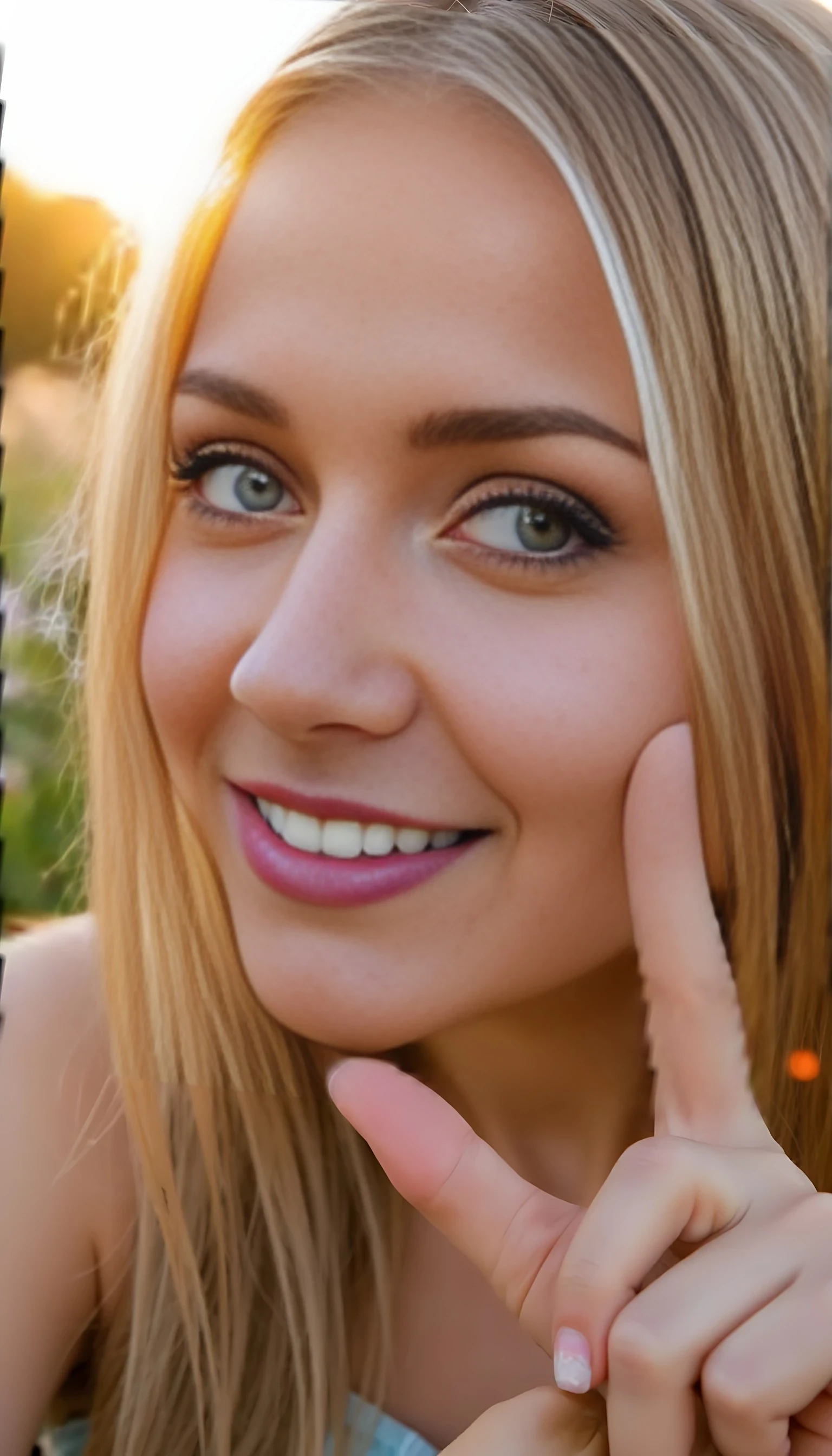 A close-up selfie of a platinum blonde woman with glowing skin and green eyes holding up a peace sign near her cheek. She tilts her head slightly and gives a soft wink with a playful smile. Her long hair catches the golden-hour light as it drapes naturally across her shoulders. The background is softly blurred with hints of wildflowers and warm sunset tones.

Style Tags:
Photorealistic, golden hour, kawaii expression, natural blush, flirty anime-inspired pose, Instagram-ready lighting, feminine charm.