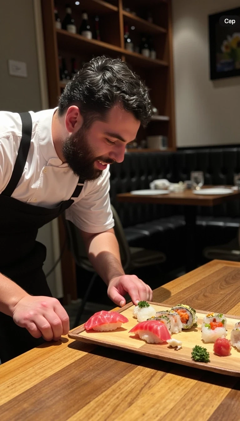 photo of man CSTMDL, on the floor, begging to eat sushi from a sushi chef, at a high end sushi restaurant