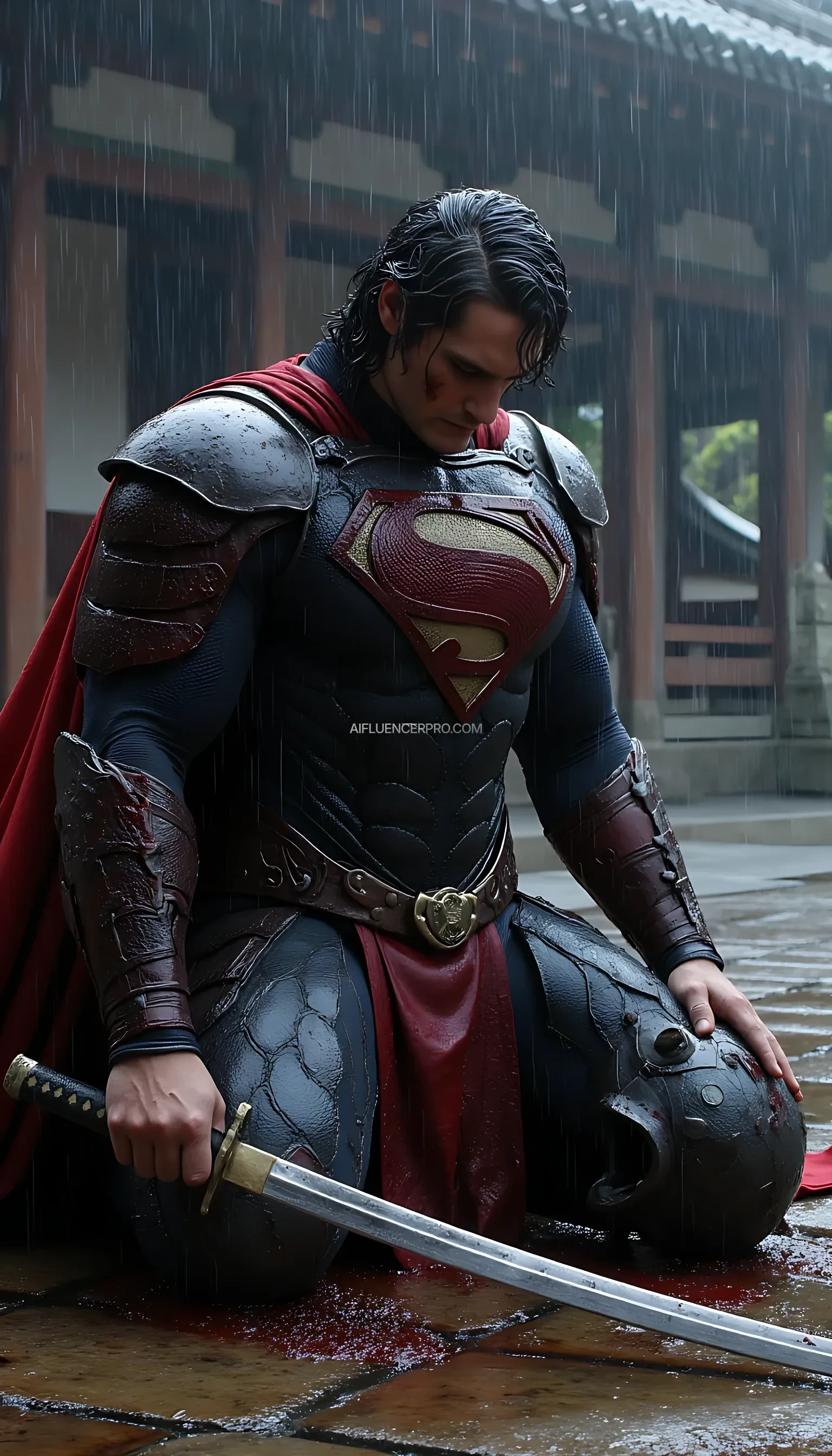 A photorealistic Superman wearing a battle-worn samurai-inspired suit, kneeling in exhaustion after an intense fight. The samurai armor is damaged, with scratches, dents, and torn edges revealing the hardships of battle. The once-pristine metallic plating is smeared with dirt and blood, while the iconic 'S' symbol on his chest remains faintly visible through the grime. His futuristic samurai helmet lies discarded beside him, revealing his disheveled hair and bruised face, marked with determination despite his fatigue. He kneels in a torrential downpour, using his katana to support himself, the blade partially embedded in the wet stone ground. Rain cascades over his battered figure, mixing with blood and mud as it pools around him. The scene is set in an ancient Japanese temple courtyard, shrouded in darkness and lit only by occasional flashes of lightning. Thunder rolls in the distance, adding to the dramatic intensity of the moment as Superman gathers his strength, ready to rise again
