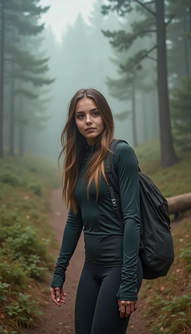 Young European woman with long brown hairs and 95D allure, exploring a misty forest trail, clad in fitted activewear that highlights her athletic grace, with a backpack and an adventurous gaze, blending nature and allure
