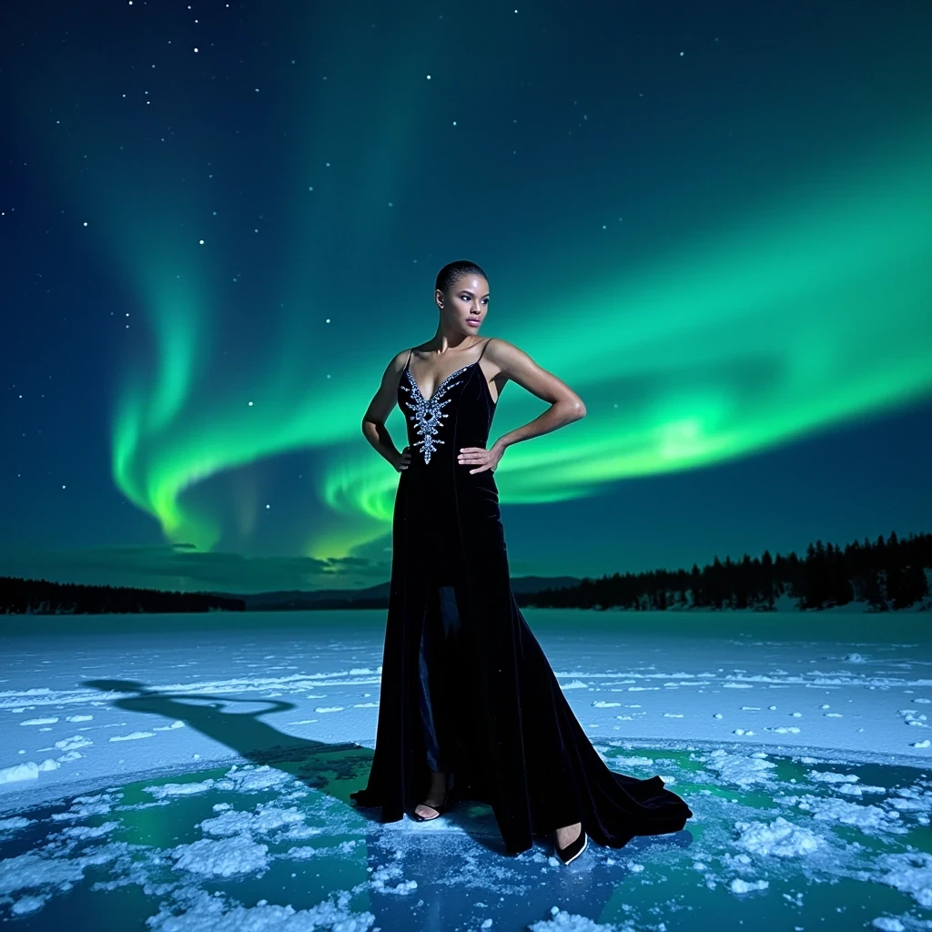Midnight Ice Ballet
Shot on Leica M11, 75mm f/1.4, ISO 800, 1/250 sec. Editorial wide shot on frozen lake under northern lights. Model wearing Dior haute couture black velvet gown with crystal snowflake embellishments. Light olive brown skin capturing blue-green aurora reflection. Key light: powerful LED panels through diffusion creating ice-like glow. Skin texture shows cold-induced luminosity, slight wind-chapped effect on cheeks. Background: starlit sky, aurora borealis, ice patterns in lake surface. CSTMDL