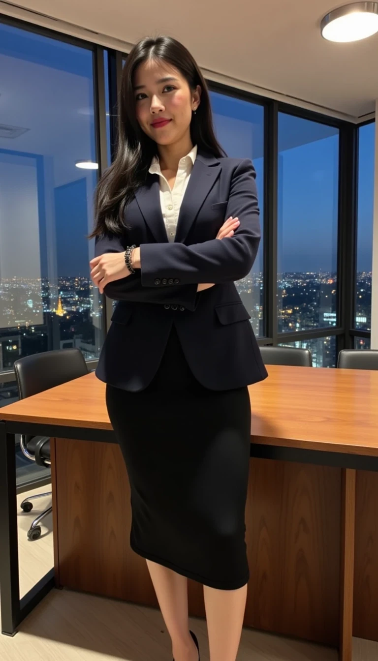 This is a high-resolution photo of Amy dressed in a sleek, dark navy blazer over a white silk blouse, paired with a tight black pencil skirt. Her long black hair is styled into a smooth, professional ponytail. She wears red lipstick and black stilettos. Amy stands beside a large wooden desk in a glass-walled office, city lights twinkling outside. Her arms are crossed, her posture confident and in control. The lighting is cool and professional, with overhead fluorescents casting soft shadows.