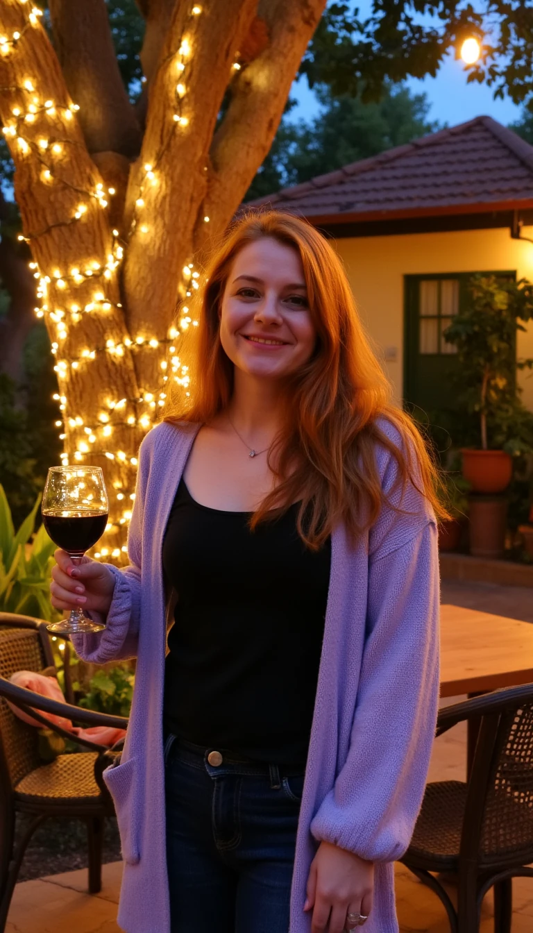 A full body shot photo of a woman standing outdoors at a cozy, warmly lit patio in the evening, with soft, glowing lights wrapped around a tree behind them creating a charming atmosphere. The image is rich in detail, with warm tones and clear textures throughout. The woman has fair skin, a slim build, and long reddish-blonde hair, also worn loose. She is smiling warmly at the camera, holding a glass of red wine in her right hand, and wears a soft-textured lavender cardigan over a black top. The background features a large tree with sparkling string lights wrapped around its trunk and branches, adding a magical touch to the scene. The setting suggests a private outdoor seating area, with elements like terracotta-tiled roofing, greenery, and rattan chairs contributing to a serene, inviting vibe. The overall composition is balanced, with the woman framed against the softly glowing tree, and the lighting enhances the warm, intimate feel of a quiet evening shared among friends. The details are vivid, with textures of clothing, skin, and background elements clearly visible, while the warm lighting creates a relaxed and joyful mood