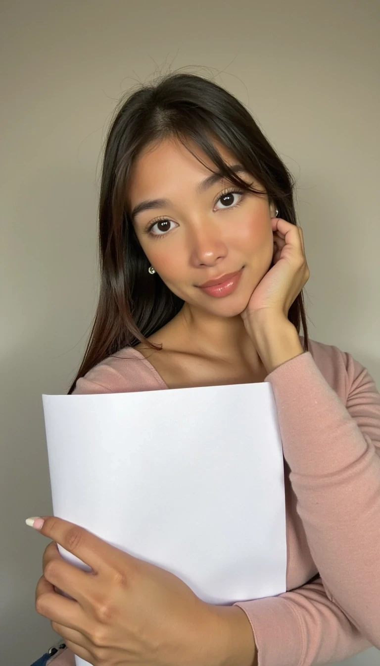 photo of woman CSTMDL, low quality photo, holding a piece of white paper, realistic photo, sun lighting, long sleeve clothes, upper body photo, wall background