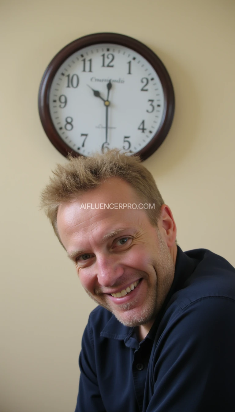  A man with a smile looking behind Wall clock