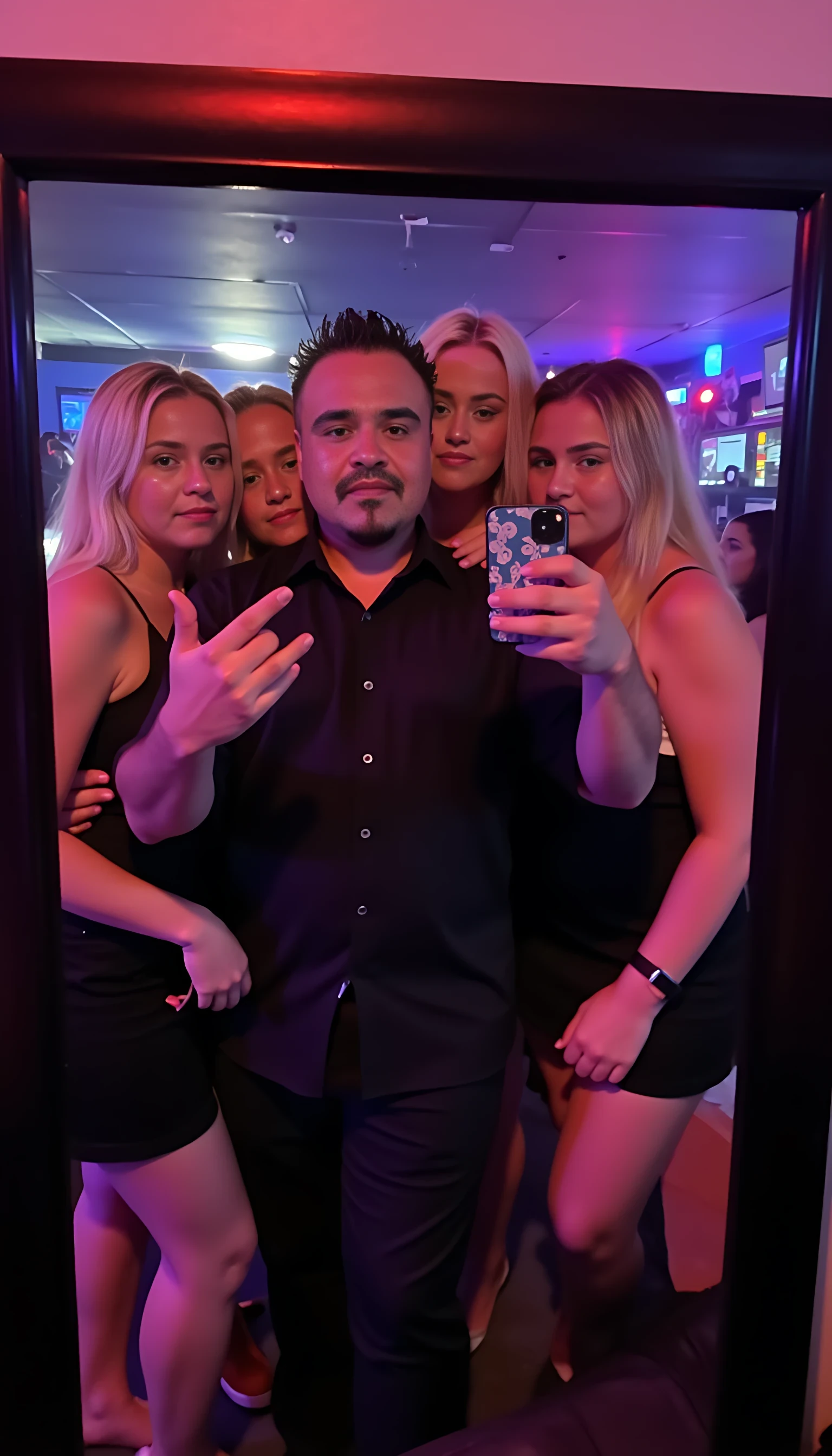 Selfie in a  mirror full man body wearing a  nice black dress shirt   Hugging with 5 blonde girls in a nightclub background 
