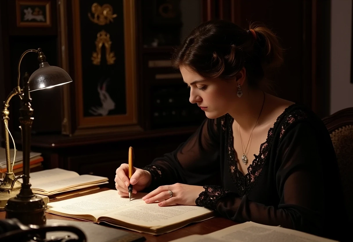 photo of woman CSTMDL, brunette, small pendant, no watch, no ring, hair tied, blue eyes, black night dress, working late night at her desk. The room is dark, the only light is a small art nouveau desk lamp.
She’s surrounded by a lot of old books and sheets of paper she worked on. She’s currently writing on a sheet with a beautiful vintage fountain pen.
She’s surrounded by her works in a beautiful art nouveau room with a Khmer piece of art in the background
