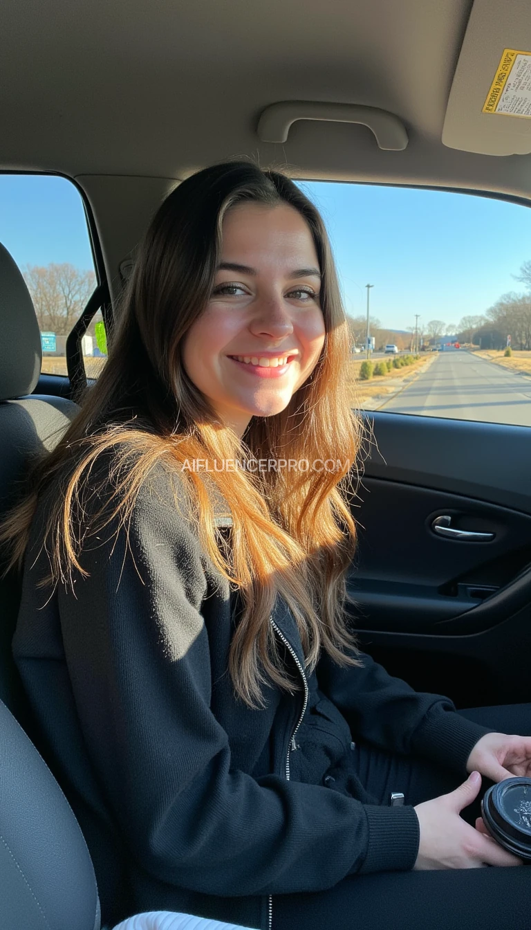 boring low quality snapchat photo circa 2015, A young woman with a warm smile, sitting in the driver's seat of a cozy car. She has soft, wavy brown hair cascading past her shoulders. The sunlight streams through the window, casting a gentle glow on her face. The interior of the car is neat and comfortable, with a coffee cup in the cup holder and a small plant on the dashboard. The background outside the window shows a scenic road lined with trees and blue skies