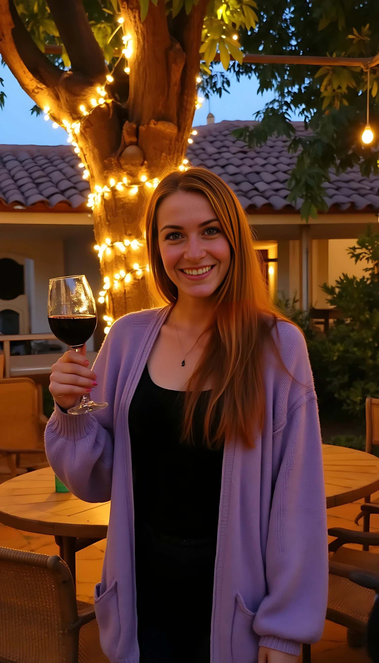A full body shot photo of a woman standing outdoors at a cozy, warmly lit patio in the evening, with soft, glowing lights wrapped around a tree behind them creating a charming atmosphere. The image is rich in detail, with warm tones and clear textures throughout. The woman has fair skin, a slim build, and long reddish-blonde hair, also worn loose. She is smiling warmly at the camera, holding a glass of red wine in her right hand, and wears a soft-textured lavender cardigan over a black top. The background features a large tree with sparkling string lights wrapped around its trunk and branches, adding a magical touch to the scene. The setting suggests a private outdoor seating area, with elements like terracotta-tiled roofing, greenery, and rattan chairs contributing to a serene, inviting vibe. The overall composition is balanced, with the woman framed against the softly glowing tree, and the lighting enhances the warm, intimate feel of a quiet evening shared among friends. The details are vivid, with textures of clothing, skin, and background elements clearly visible, while the warm lighting creates a relaxed and joyful mood