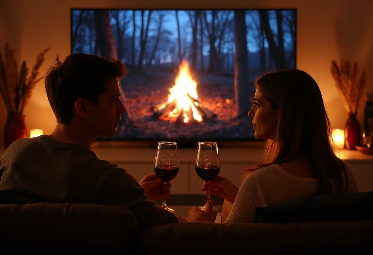 "Create a realistic, visually appealing image depicting a handsome young man and a woman engaged in an intimate, romantic date setting. The couple is seated comfortably, enjoying a nice glass of wine and relaxed conversation. In the background, a large, clearly visible television screen is displaying a soothing, immersive nature scene featuring a bonfire gently flickering in a tranquil woodland setting. Emphasize warm, cozy lighting and a welcoming atmosphere that complements the romantic mood."
