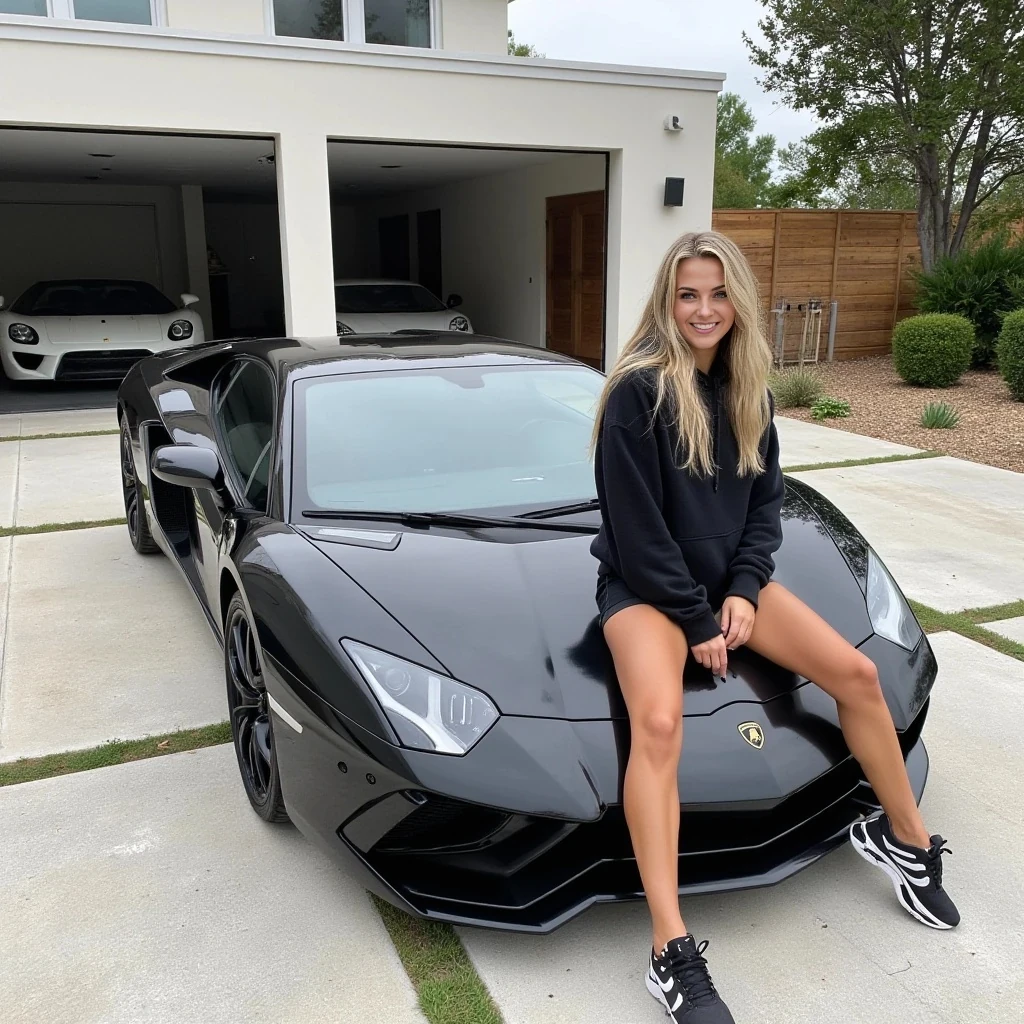 A photograph features a young woman with long soft blonde hair, a fit physique and tan skin, wearing a black hoodie, black shorts, and black-and-white sneakers. She sits on the hood of a black Lamborghini Aventador SV, one hand resting on her head, smiling. The car is parked in front of a massive luxury modern house with two closed garage doors and one open with a white Ferrari F40 parked inside, there is a wooden fence and lush greenery surrounding the property.