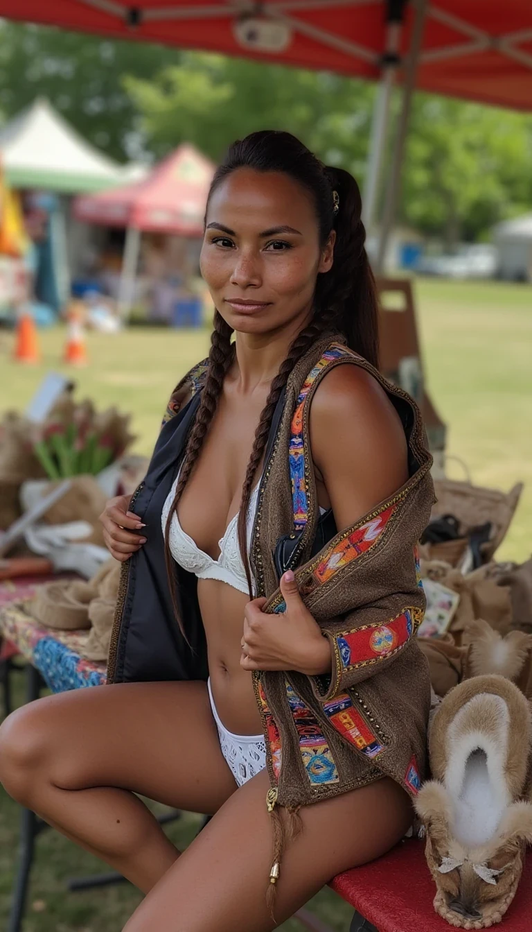 photo of woman CSTMDL, a medium shot photo of, a slim woman, her full body is in the scene, she has a slender petite build with petite small boobs and a flat chest, she has small dark skin nipples with long pointy nipple ducts and small dark skinned areolas, her hair is styled with two long braids, she is not wearing earrings, she is wearing daisy duke denim booty shorts, she is wearing a native American style vest over top of her underwear, she is holding her vest open exposing her strapless bra, her bra is a strapless white lace bra, her nipples are visible through her bra, she is wearing ankle height smoked hide moccasins, natural lighting, natural light, amateur photography, shot on an iPhone, she is posing sitting on table with her legs spread apart in market vendor's booth underneath a 10 x 10 tent, she is maintaining intense eye contact with the camera,