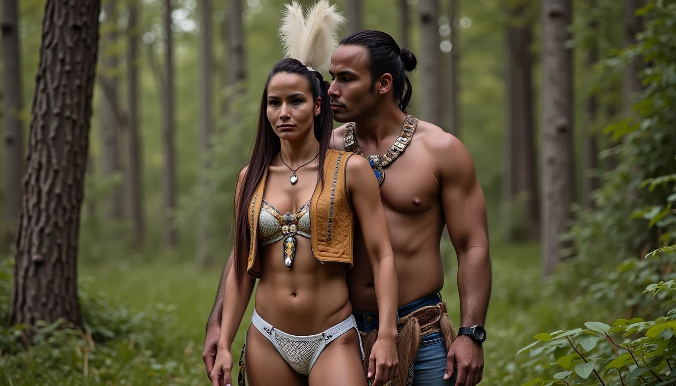 photo of woman CSTMDL, a medium shot photo of, a slim woman, her full body is in the scene, she has a slender petite build with petite small boobs and a flat chest, she has small dark skin nipples with long pointy nipple ducts and small dark skinned areolas, her hair is styled with two long braids she has eagle plumes in her hair, she is not wearing earrings, she is wearing daisy duke denim booty shorts, she is wearing a native American style vest in a golden yellow color over top of her underwear, her vest is open exposing her strapless bra, her bra is a strapless white lace bra, she is wearing white lace panties, she is wearing ankle height smoked hide moccasins, natural lighting, natural light, amateur photography, shot on an iPhone, she is standing with her legs spread wide apart in a densely wooded forest, she is maintaining intense eye contact with the camera, there is a giant native American fat man three times her height kneeling directly behind her holding onto gripping the woman's waistline, the man is holding her in front of him, the man is a real giant three times the height of an average male, public setting, Hyper realism, ultra-sharp focus, highly detailed, natural lighting, natural light, amateur photography,