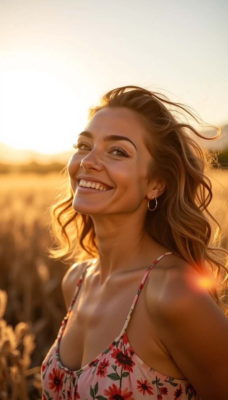A carefree woman smiling at the sun and getting ready for happy hour