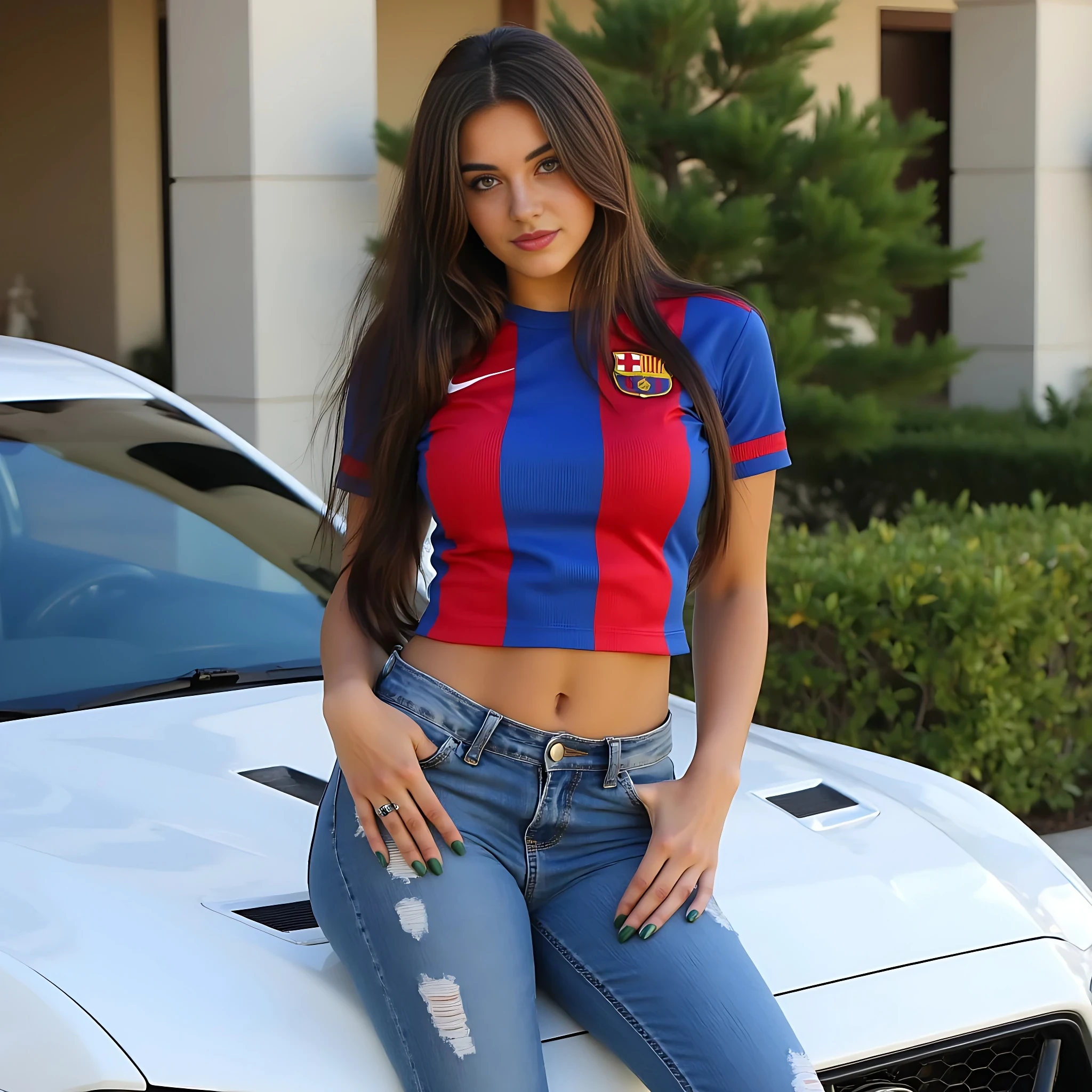create an ultra-realistic highly detailed full body image of a 19 year old Serbian woman with a stunning hourglass figure: curvy, thin, and beautiful, featuring a flat tummy, big hips, and perfect medium sized breasts. purely natural. Her skin is tan and sunkissed. She stands at 5'9", embodying the epitome of allure and charm with her Slavic facial features. Her captivating baby blue eyes and very long long, luscious, full, natural baby brown hair enhance her mesmerizing presence. she is dressed in a blue and red barcelona soccer top and jeans, leaning aganist a white mustang outside of a hotel setting. she is looking directly into the camera. Her expression is one of confidence and allure, making her every man's dream girl. Focus on extreme realism, especially in her facial details. ultra detailed hands and finger nails. her nails are painted dark green.  perfectly detailed hands.