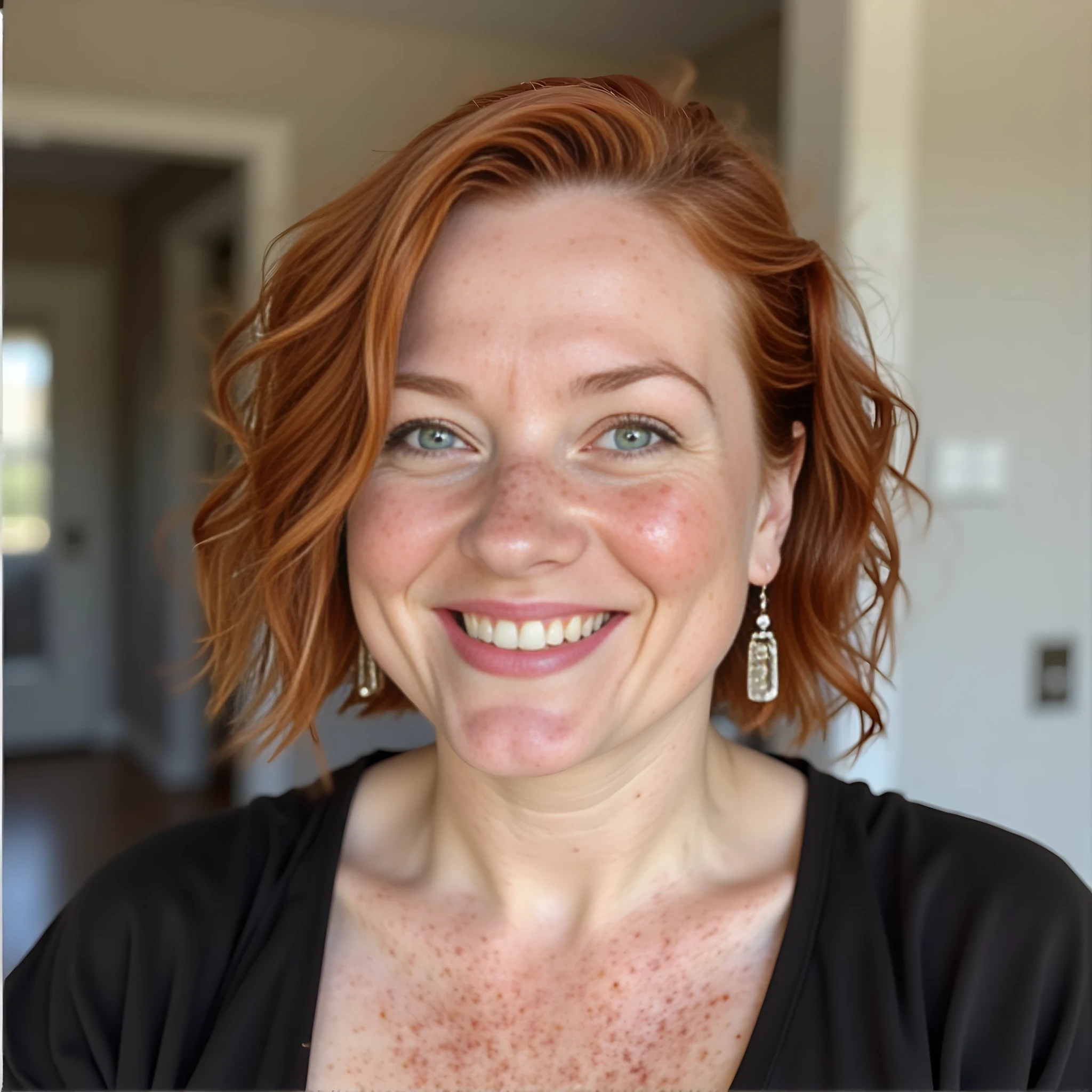 headshot of CSTMDL looking directly at the camera; she has short, red, wavy hair., she is smiling,  but not showing teeth, she is not wearing jewelery, and she has large dd breasts