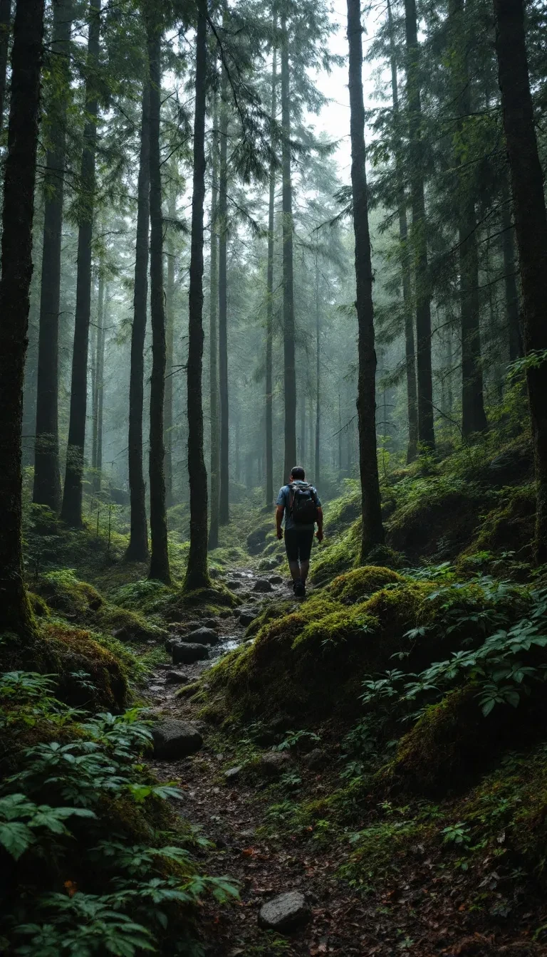 a man hiking through dense forest d0sm9ekl7x5b0kskg5bypwdr