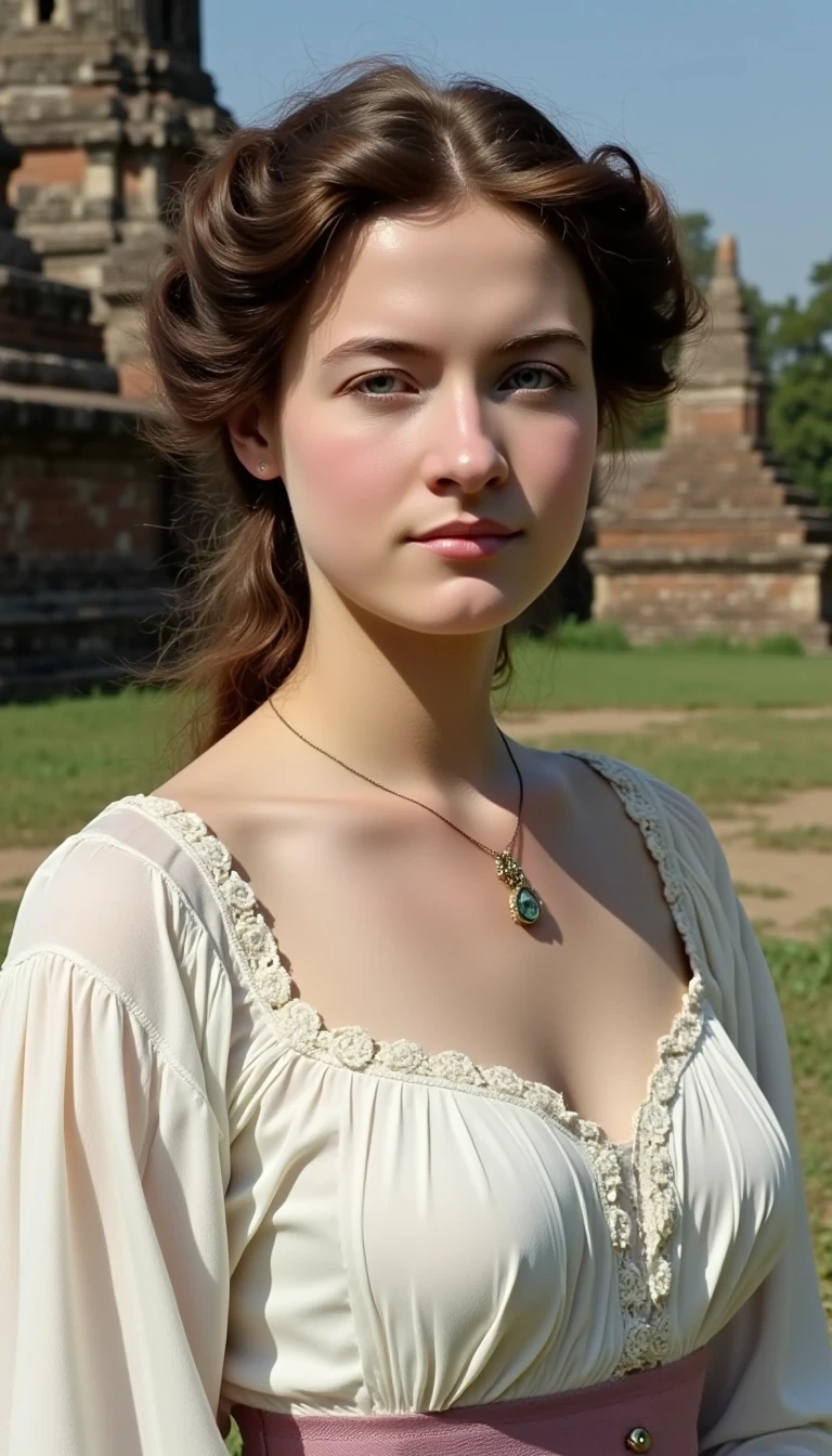 woman CSTMDL, photo ((medium)), brunette, blue eyes, cold smile, 1900 covering white dress, small pendant, tied hair, big breast, thin waist, cambodian khmer ruins in background