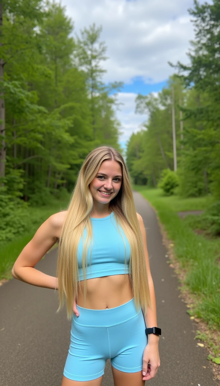 A person with long blonde hair stands confidently on a forest path. They wear a light blue athletic outfit, consisting of a crop top and shorts, with a fitness tracker on the wrist. The surrounding environment is lush and green, giving a serene and fresh atmosphere. The lighting is natural, with a partly cloudy sky in the background, and the path winds through the greenery, creating a sense of depth and openness.