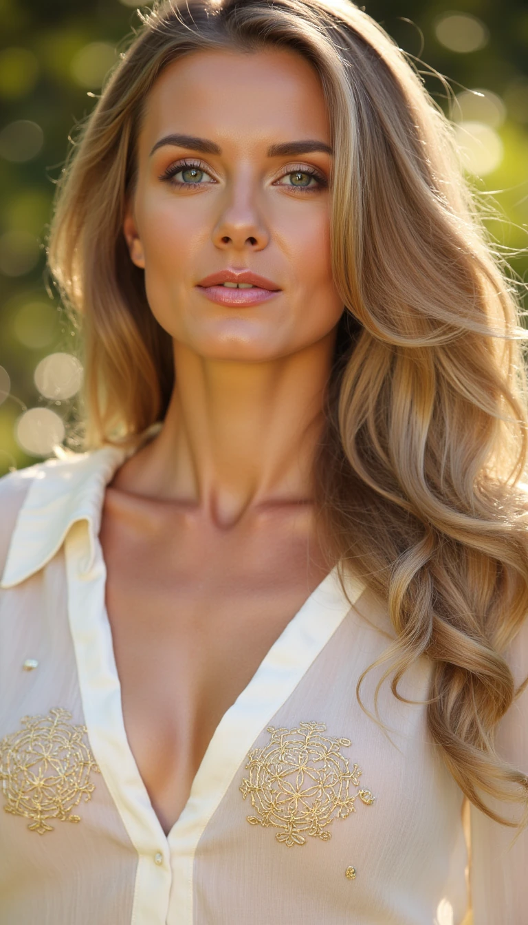 A strikingly magnetic female mentor with an ethereal aura. Ageless but young elegance, soft glowing skin with warm golden undertones. Long flowing silver-blonde hair with soft waves, shimmering under the light. Eyes are light gray with gold flecks, calm yet captivating. Wearing a flowing white silk blouse with subtle gold embroidery of sacred geometry patterns (flower of life, merkaba). Minimal yet elegant gold jewelry. Lighting is soft and cinematic with a warm golden glow and bokeh orbs in the background. She radiates wisdom, calm authority, and spiritual magnetism.